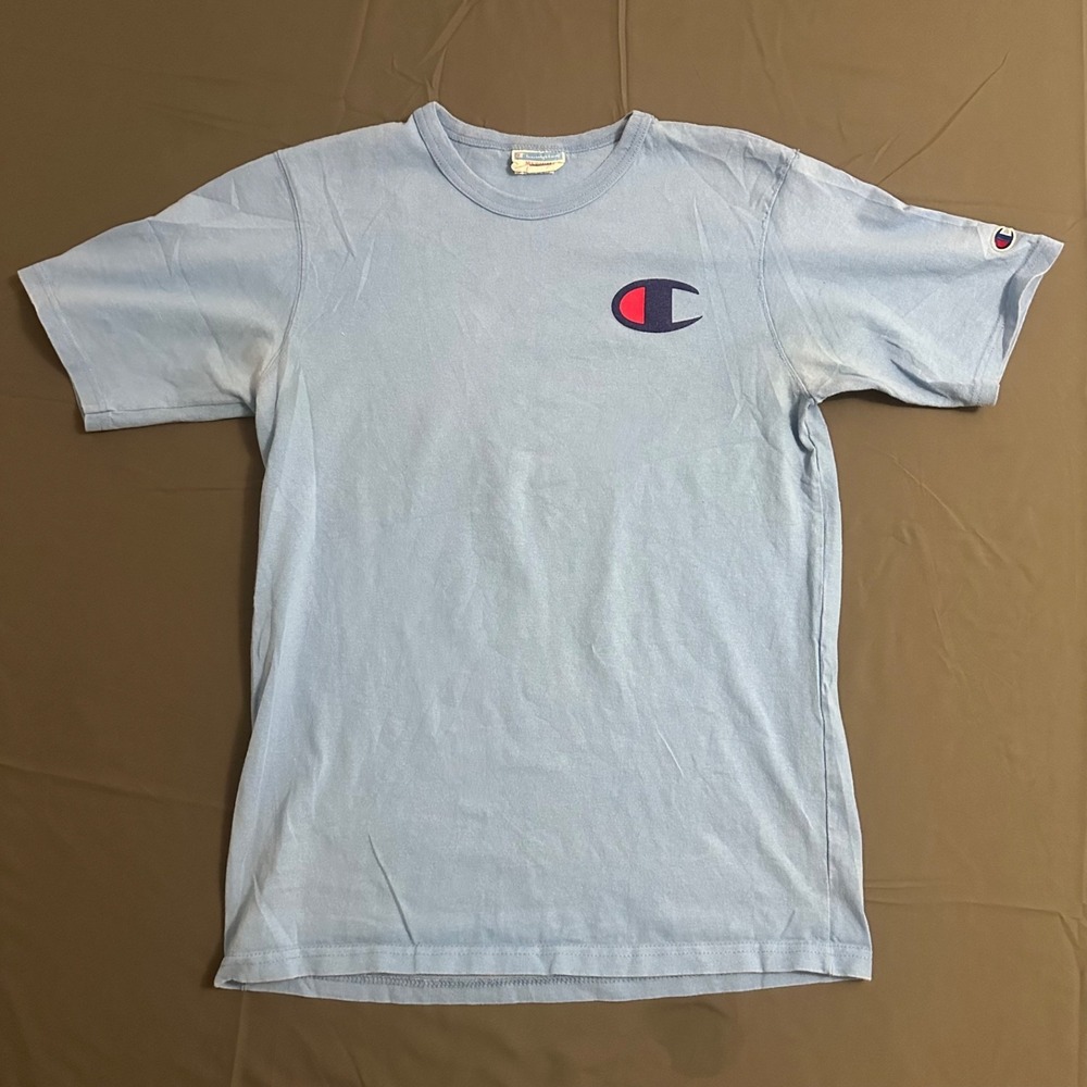 Vintage Champion Big Patch Logo Shirt MENS Medium Powder Blue Tee Vtg Sports